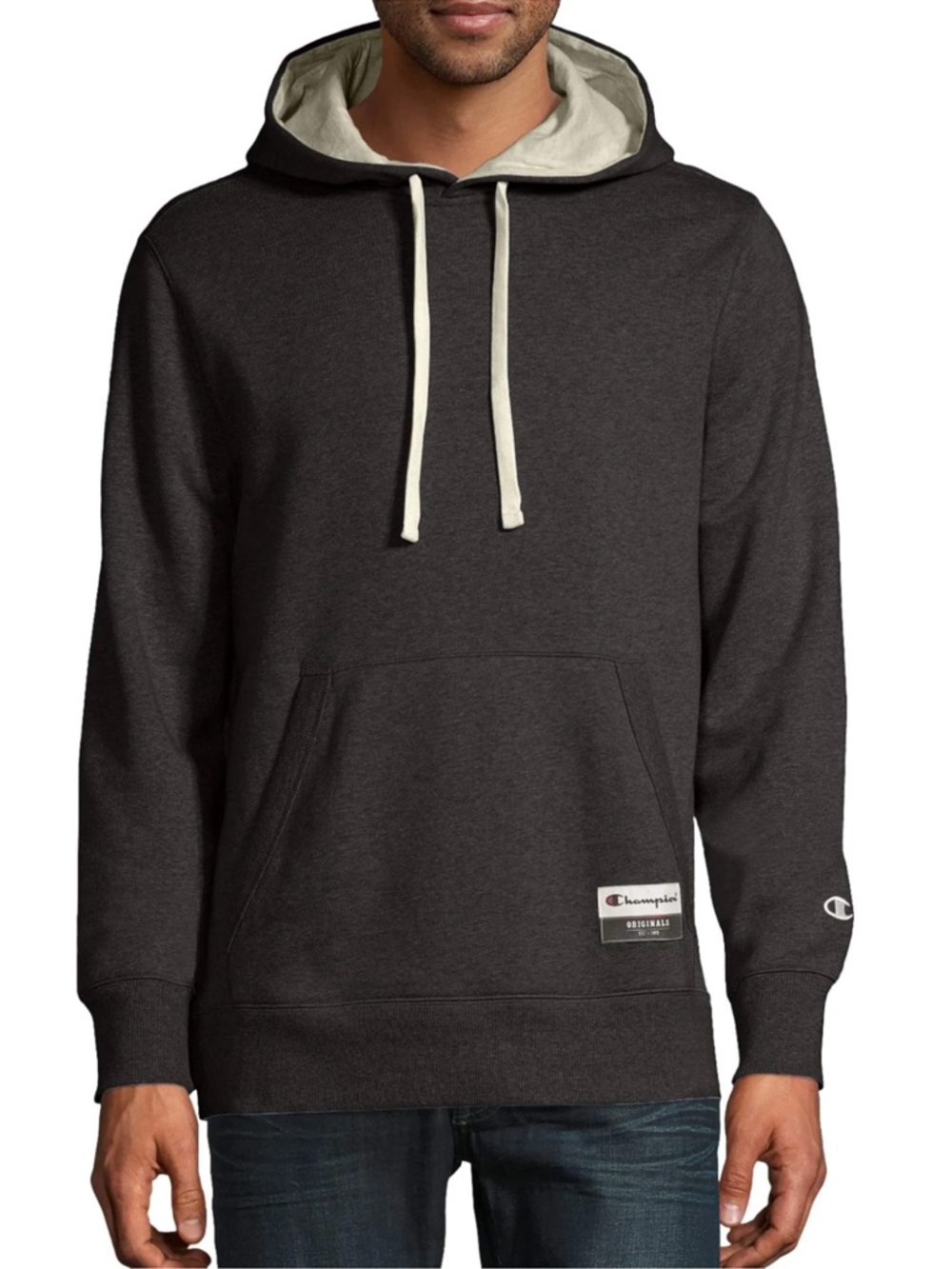 Champion Men's Dark Gray Crewneck Hoodie with White Drawstrings - Picture 4 of 4